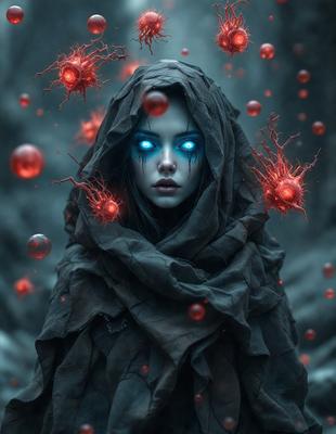 The primary subject of the image is a woman wearing a black cloak and a hood. She has blue eyes and is surrounded by a variety of red and orange balls, which are scattered throughout the scene. The setting appears to be a dark, possibly magical, environment. The visual style of the image is a combination of photo and digital art, creating a unique and intriguing atmosphere. The colors and mood of the image are predominantly dark and mysterious, with the red and orange balls adding a touch of warmth